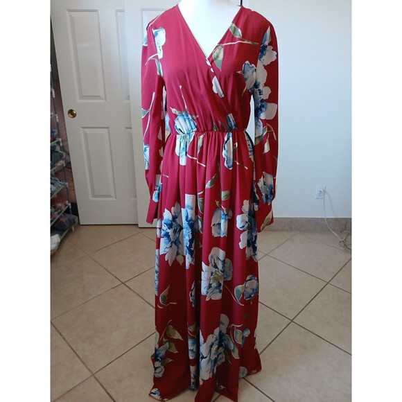 Xtaren‎ Belted Chiffon Flared Long Sleeve Maxi Dress Medium Red Bohemian Beachy - Picture 1 of 13